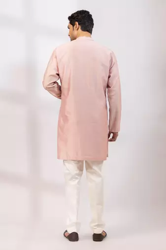 Peach pink embroidered chanderi silk kurta set