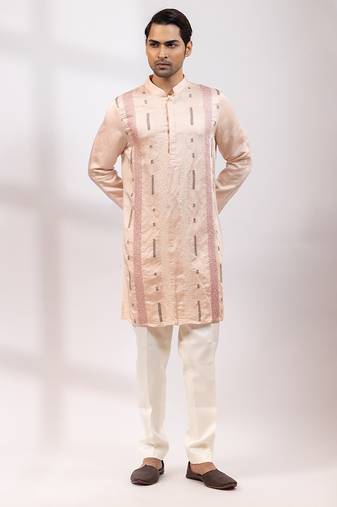 Peach pink embroidered linen satin satin kurta set