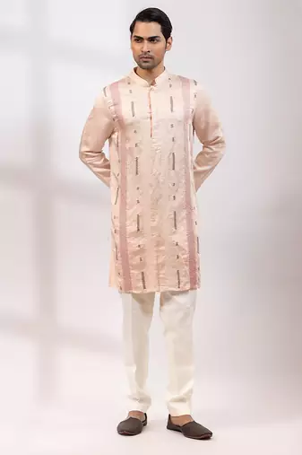 Peach pink embroidered linen satin satin kurta set