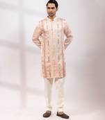 Peach pink embroidered linen satin satin kurta set