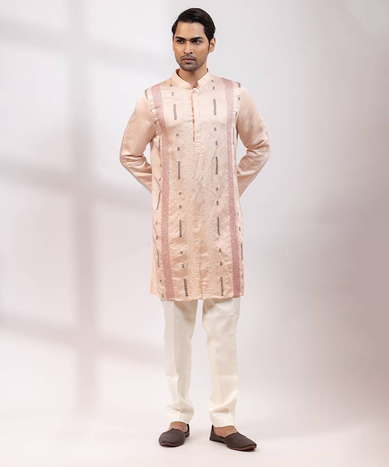 Peach pink embroidered linen satin satin kurta set