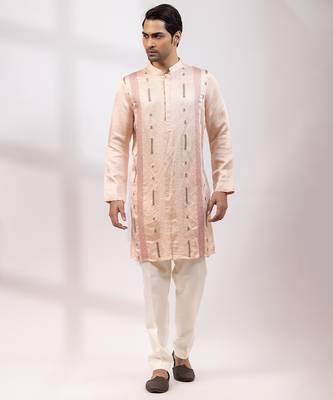 Peach pink embroidered linen satin satin kurta set 2