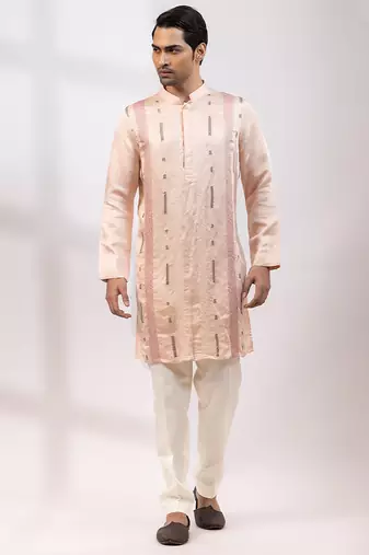 Peach pink embroidered linen satin satin kurta set