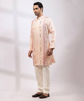 Peach pink embroidered linen satin satin kurta set 3