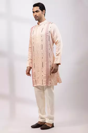 Peach pink embroidered linen satin satin kurta set