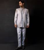 Silver grey embroidered linen satin bandhgala
