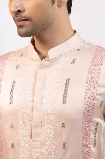 Peach pink embroidered linen satin satin kurta set