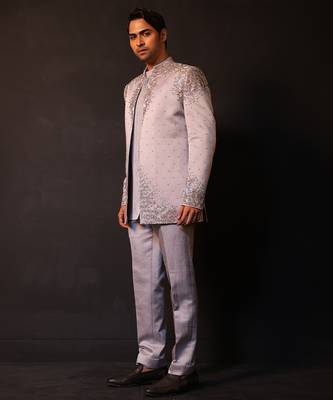 Silver grey embroidered linen satin bandhgala 2