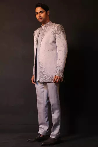 Silver grey embroidered linen satin bandhgala