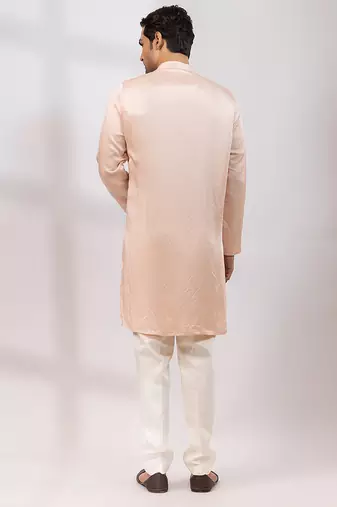 Peach pink embroidered linen satin satin kurta set