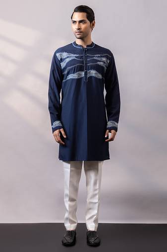 Midnight blue embroidered twill silk kurta set