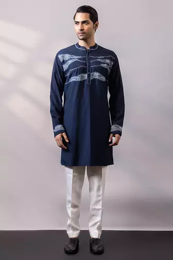 Midnight blue embroidered twill silk kurta set