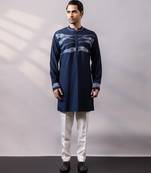 Midnight blue embroidered twill silk kurta set