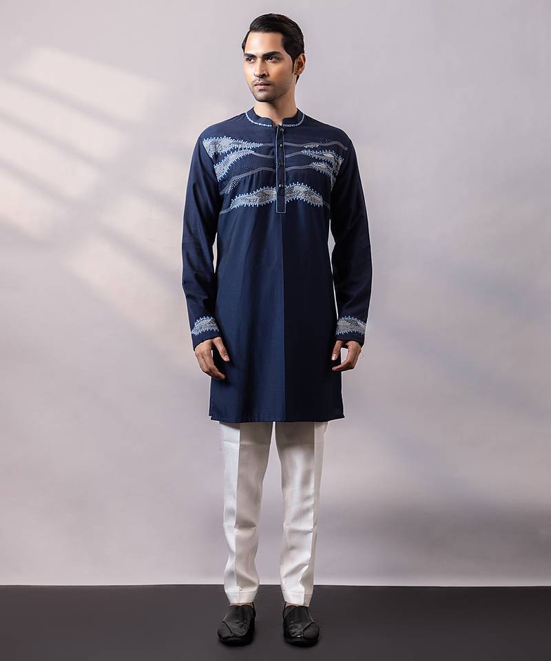 Midnight blue embroidered twill silk kurta set
