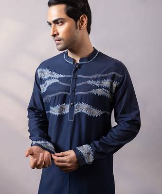 Midnight blue embroidered twill silk kurta set 2