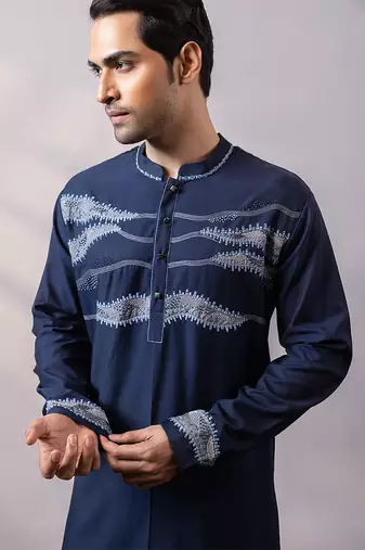 Midnight blue embroidered twill silk kurta set