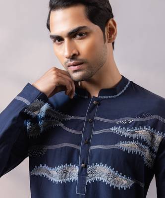 Midnight blue embroidered twill silk kurta set 3