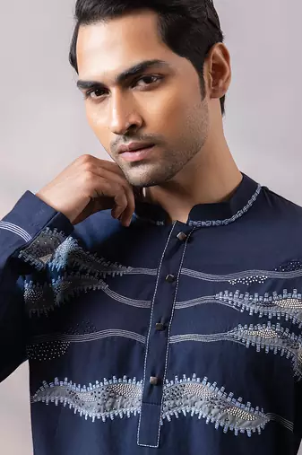 Midnight blue embroidered twill silk kurta set