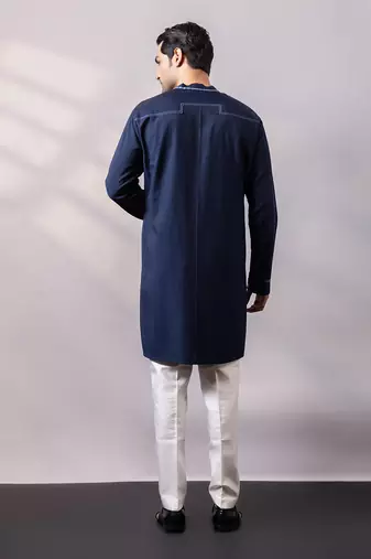 Midnight blue embroidered twill silk kurta set