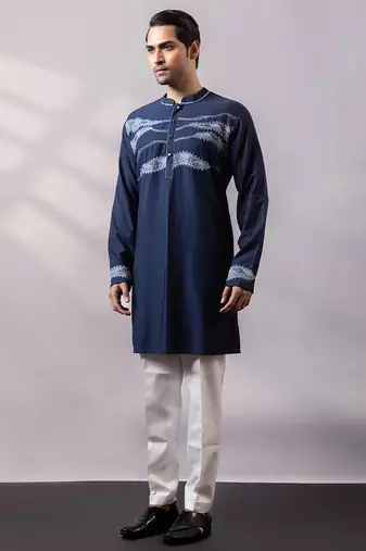 Midnight blue embroidered twill silk kurta set