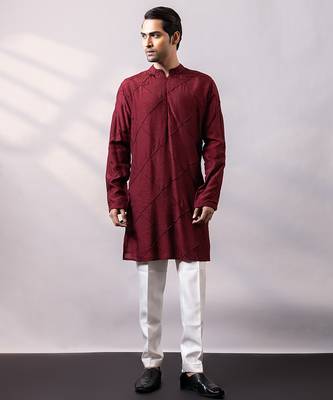 Maroon thread embroidered silk kurta set 1
