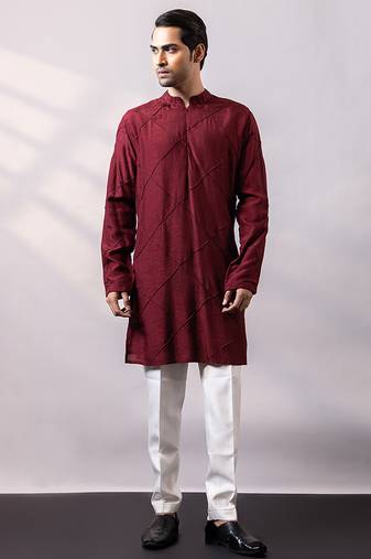 Maroon thread embroidered silk kurta set