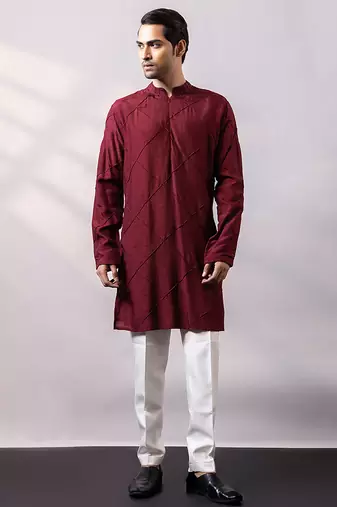 Maroon thread embroidered silk kurta set