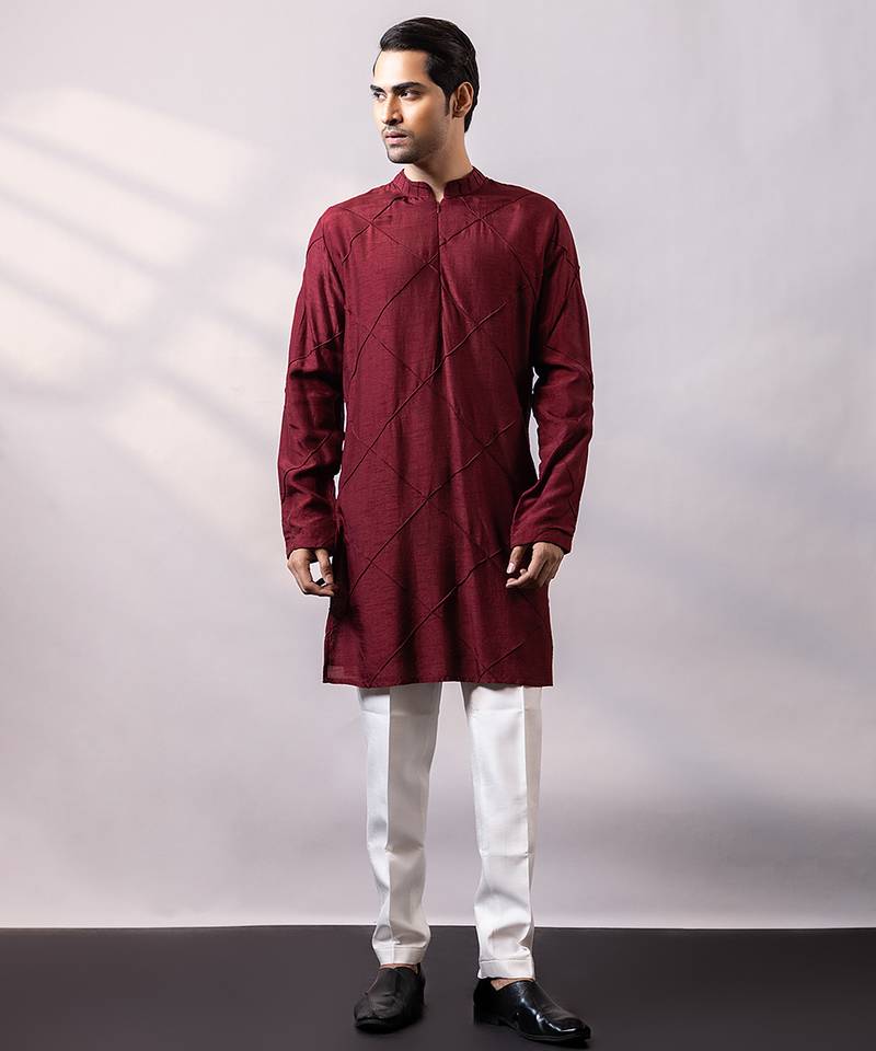 Maroon thread embroidered silk kurta set