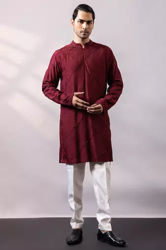 Maroon thread embroidered silk kurta set