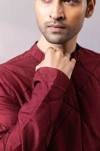 Maroon thread embroidered silk kurta set