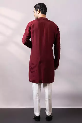 Maroon thread embroidered silk kurta set