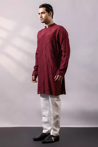 Maroon thread embroidered silk kurta set