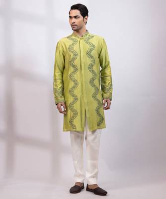 Lime green embroidered chanderi silk kurta set 1
