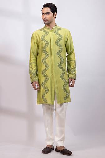 Lime green embroidered chanderi silk kurta set