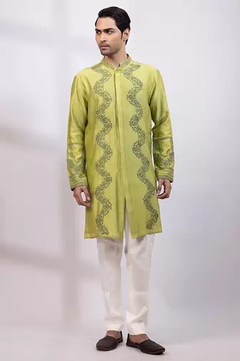 Lime green embroidered chanderi silk kurta set