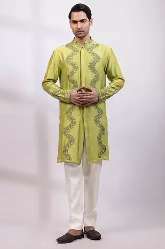 Lime green embroidered chanderi silk kurta set