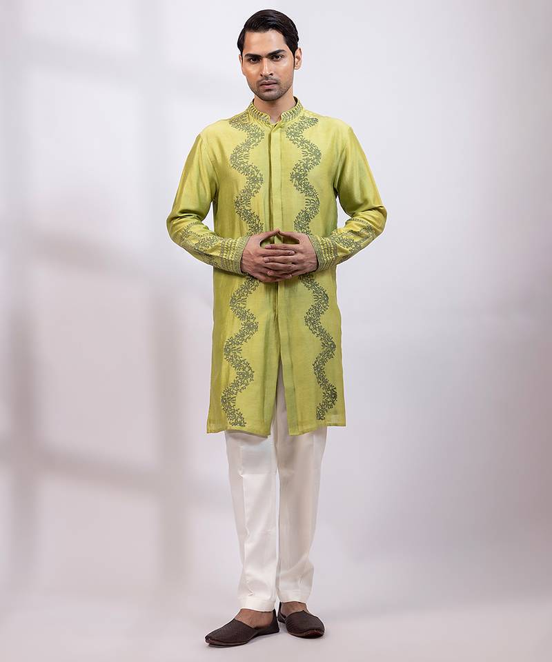 Lime green embroidered chanderi silk kurta set