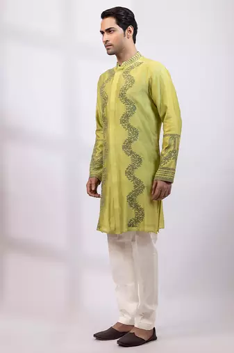 Lime green embroidered chanderi silk kurta set