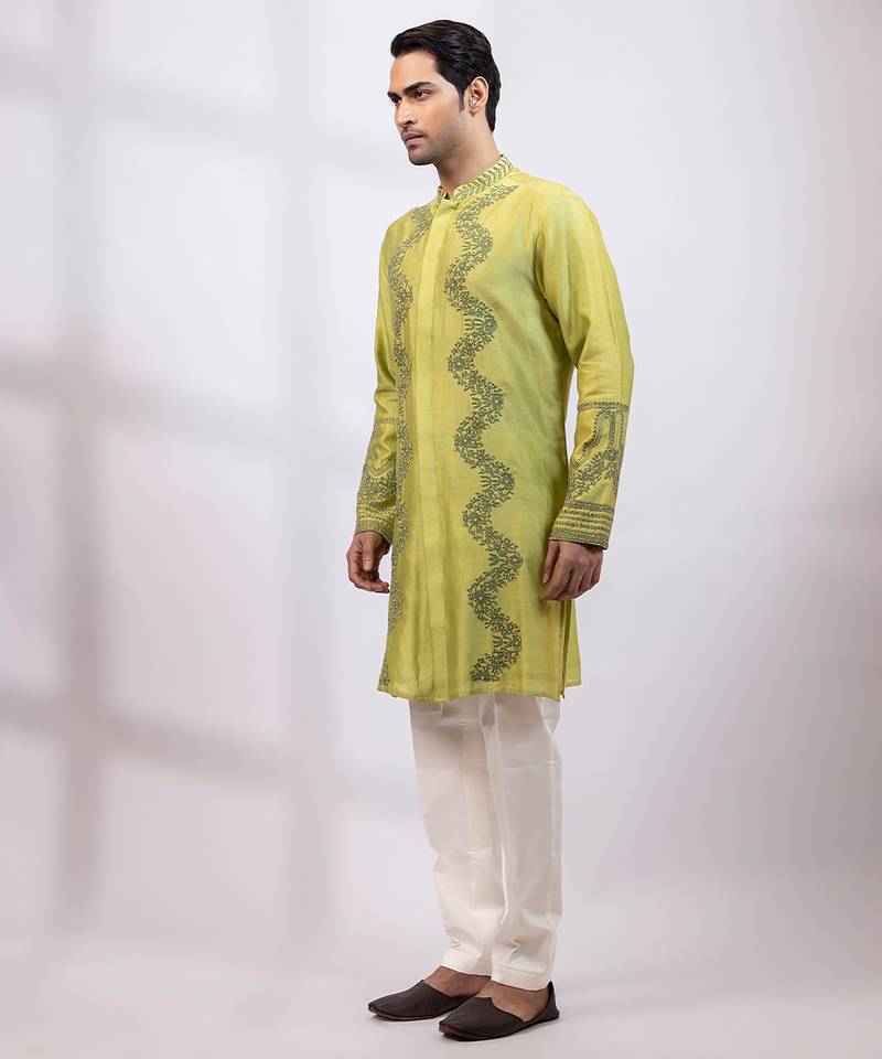 Lime green embroidered chanderi silk kurta set