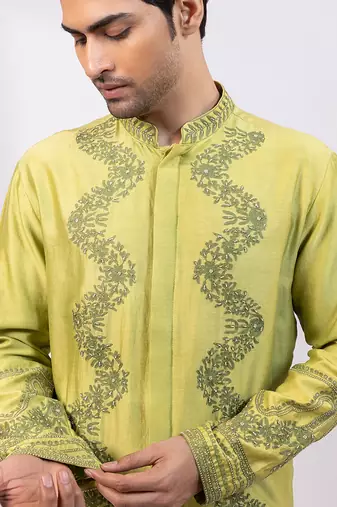 Lime green embroidered chanderi silk kurta set