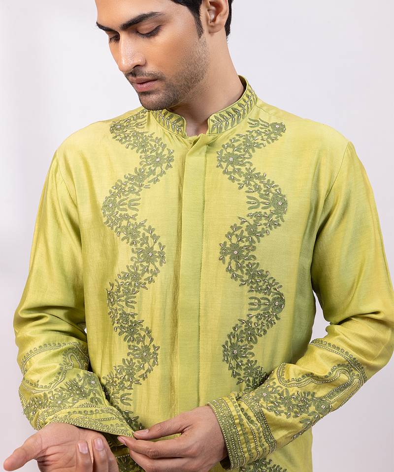 Lime green embroidered chanderi silk kurta set