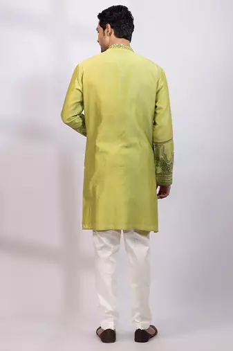 Lime green embroidered chanderi silk kurta set