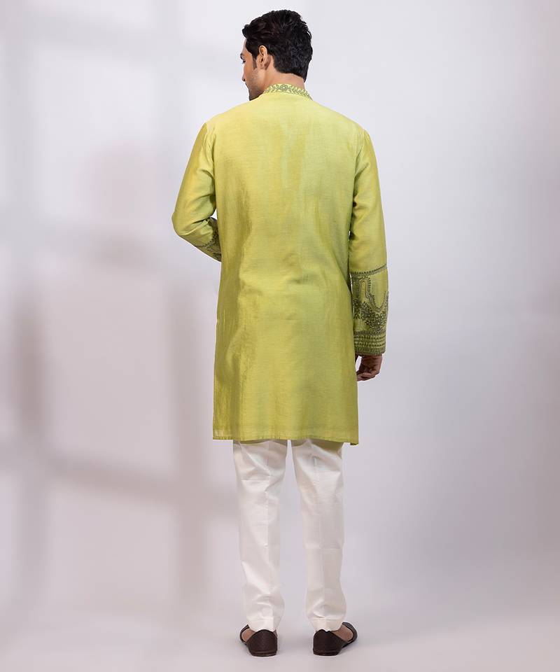 Lime green embroidered chanderi silk kurta set