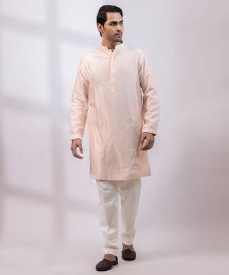 Peach embroidered chanderi silk kurta set 1
