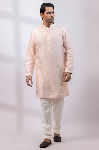 Peach embroidered chanderi silk kurta set