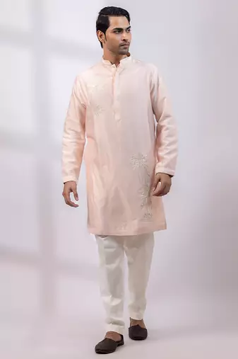 Peach embroidered chanderi silk kurta set