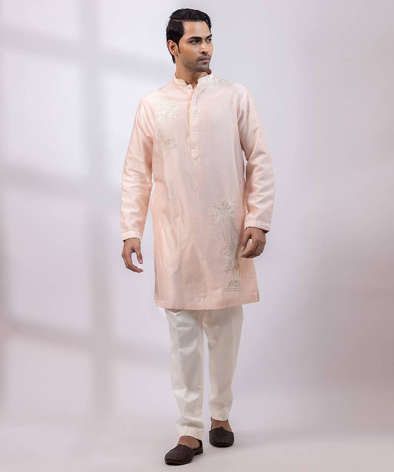 Peach embroidered chanderi silk kurta set