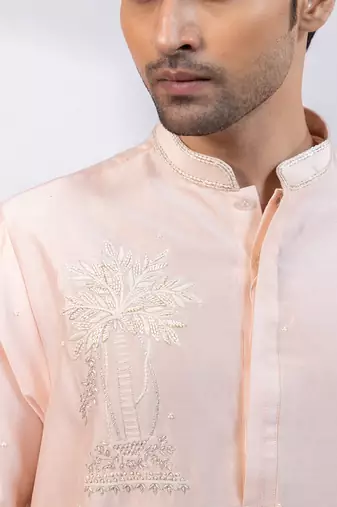 Peach embroidered chanderi silk kurta set