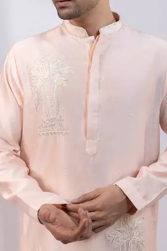Peach embroidered chanderi silk kurta set