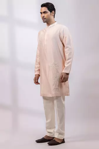Peach embroidered chanderi silk kurta set